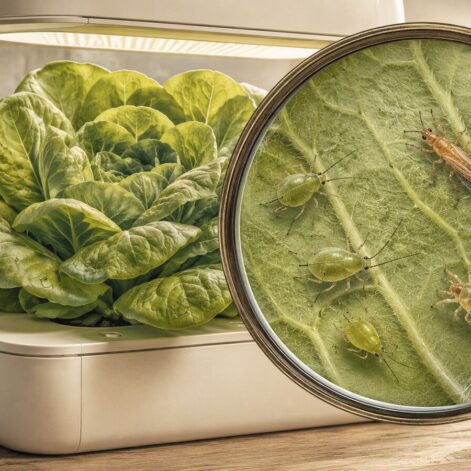 Inspección del envés de una lechuga hidropónica con lupa y trampas cromáticas cercanas