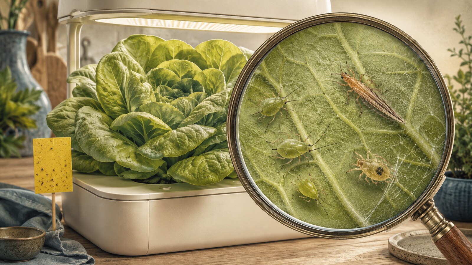Ilustración de una lechuga hidropónica inspeccionada con lupa frente a pulgones, trips y araña roja