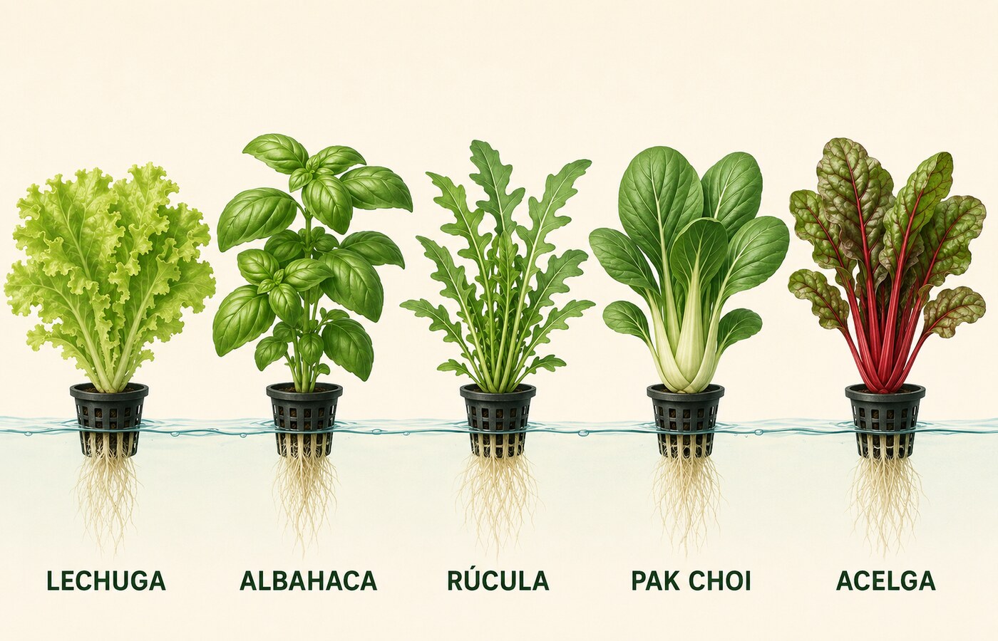 Lechuga, albahaca, rúcula, pak choi y acelga identificadas como plantas hidropónicas fáciles