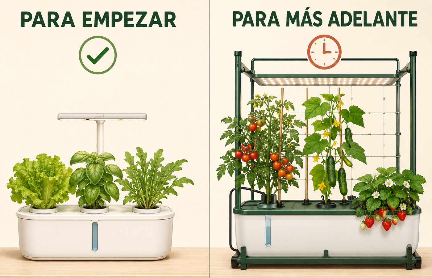 Comparación entre hojas verdes fáciles y tomates, pepinos y fresas más exigentes en hidroponía