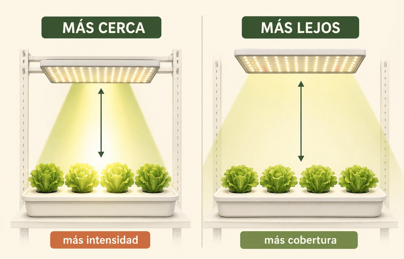 Diagrama de cómo cambian la intensidad PPFD y la cobertura al variar la distancia de una luz LED