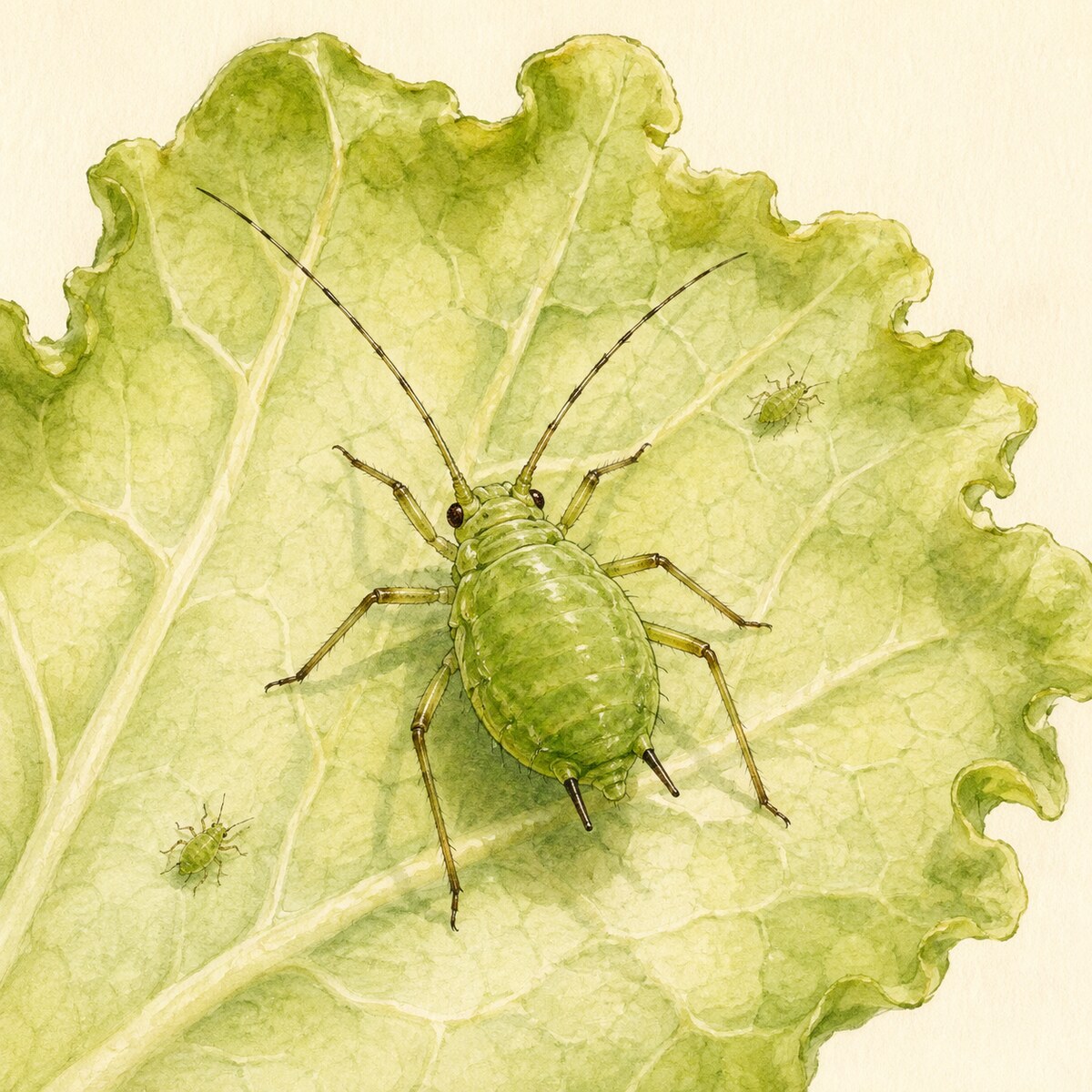 Ilustración científica de un pulgón verde con antenas y cornículos sobre una hoja de lechuga