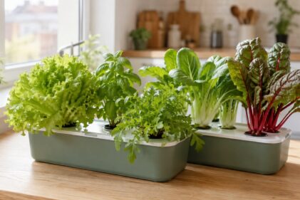 Selección de lechuga, albahaca, rúcula y otras plantas fáciles cultivadas en hidroponía doméstica.