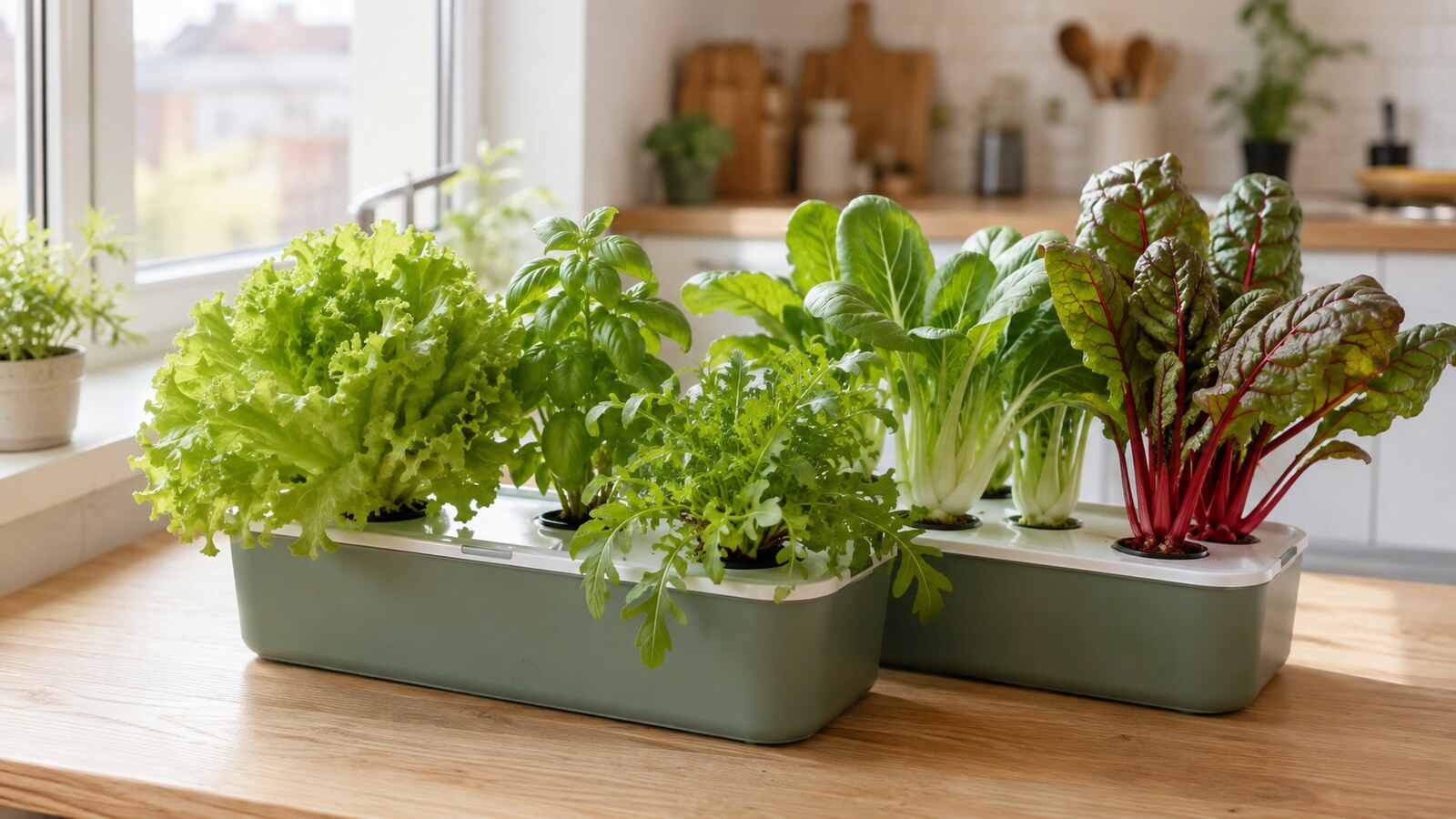 Selección de lechuga, albahaca, rúcula y otras plantas fáciles cultivadas en hidroponía doméstica