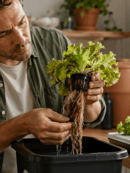 Persona examinando raíces marrones de una lechuga hidropónica extraída de un depósito doméstico