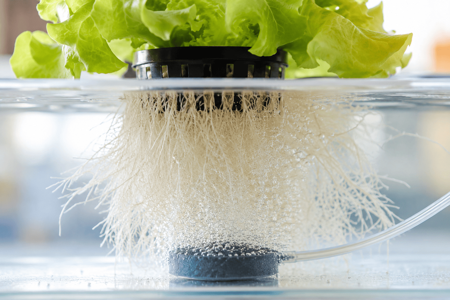 Raíces blancas de lechuga hidropónica rodeadas de burbujas producidas por una piedra difusora