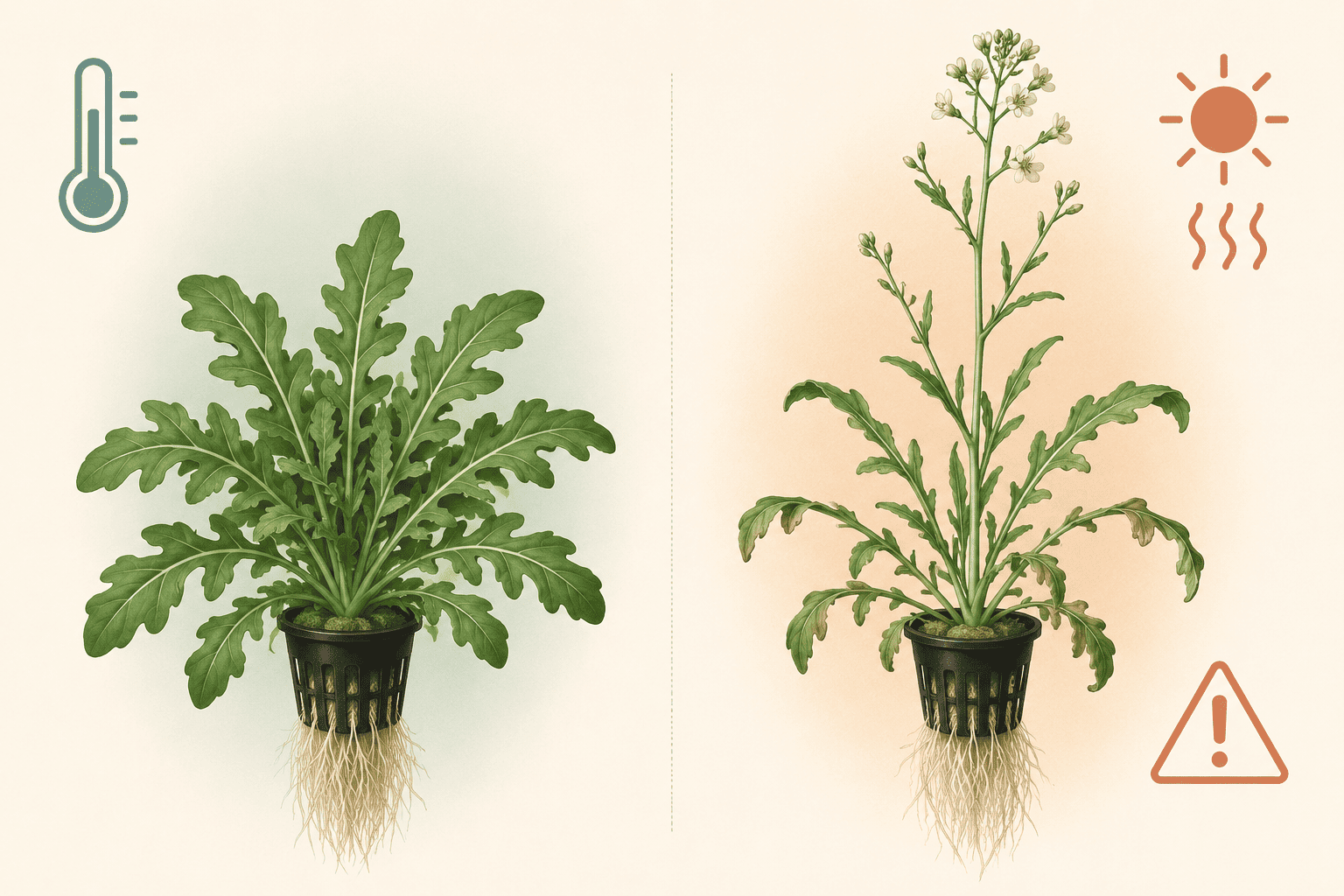 Comparación entre rúcula hidropónica compacta en ambiente fresco y planta espigada por calor