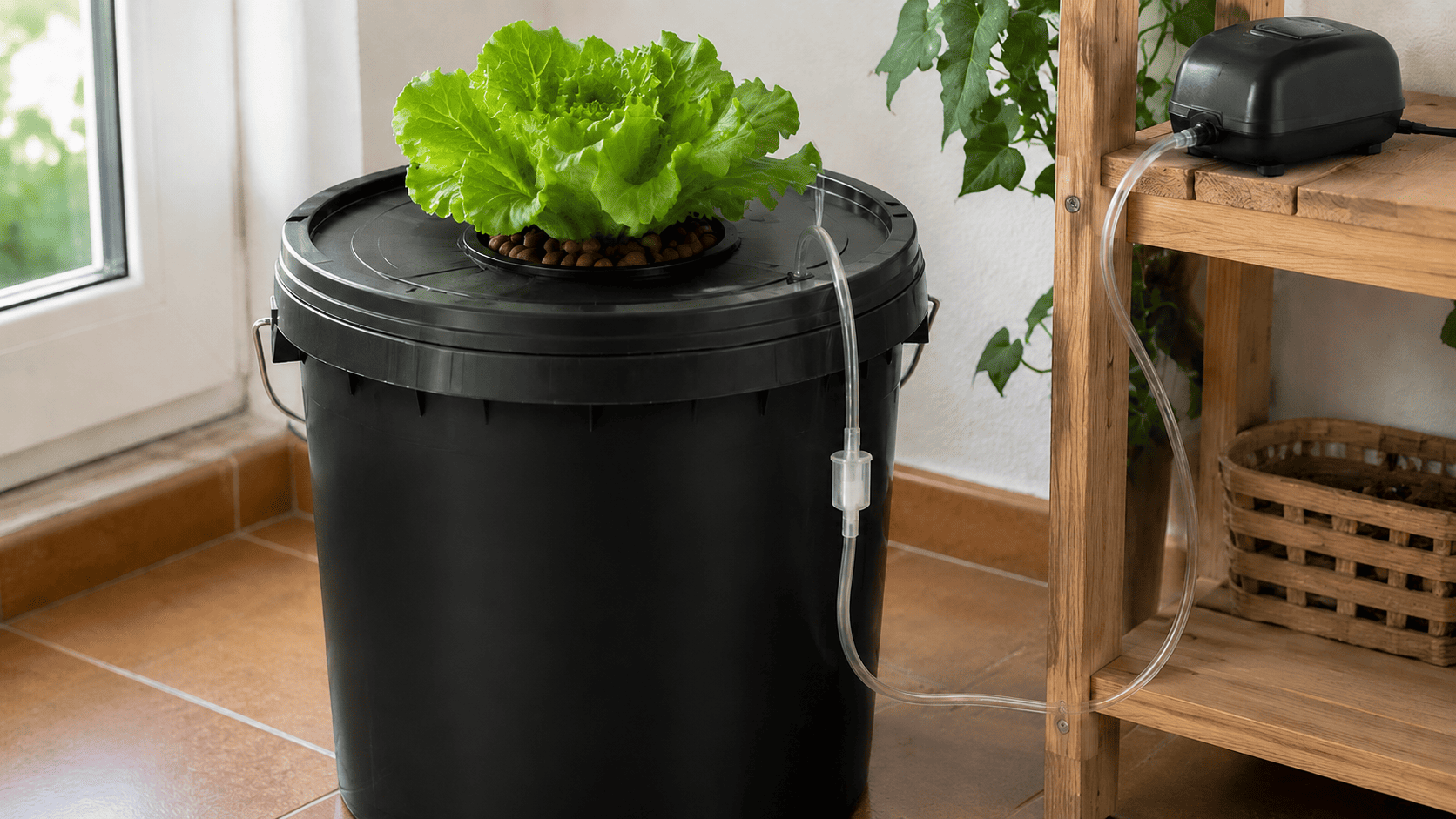 Sistema DWC casero con una lechuga en un cubo opaco conectado a una bomba de aire exterior