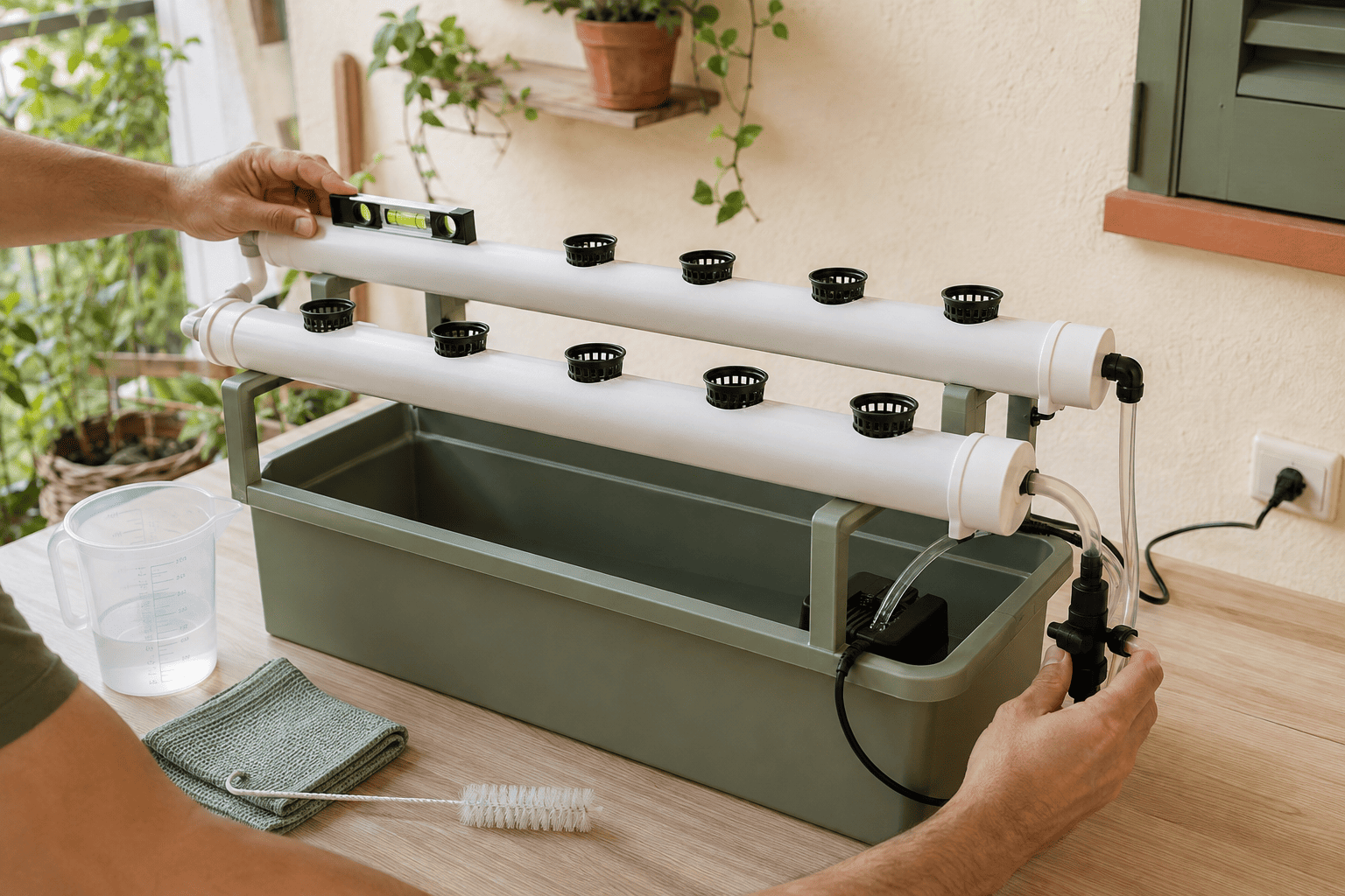Revisión de bomba, pendiente y retorno de agua en un sistema hidropónico NFT doméstico