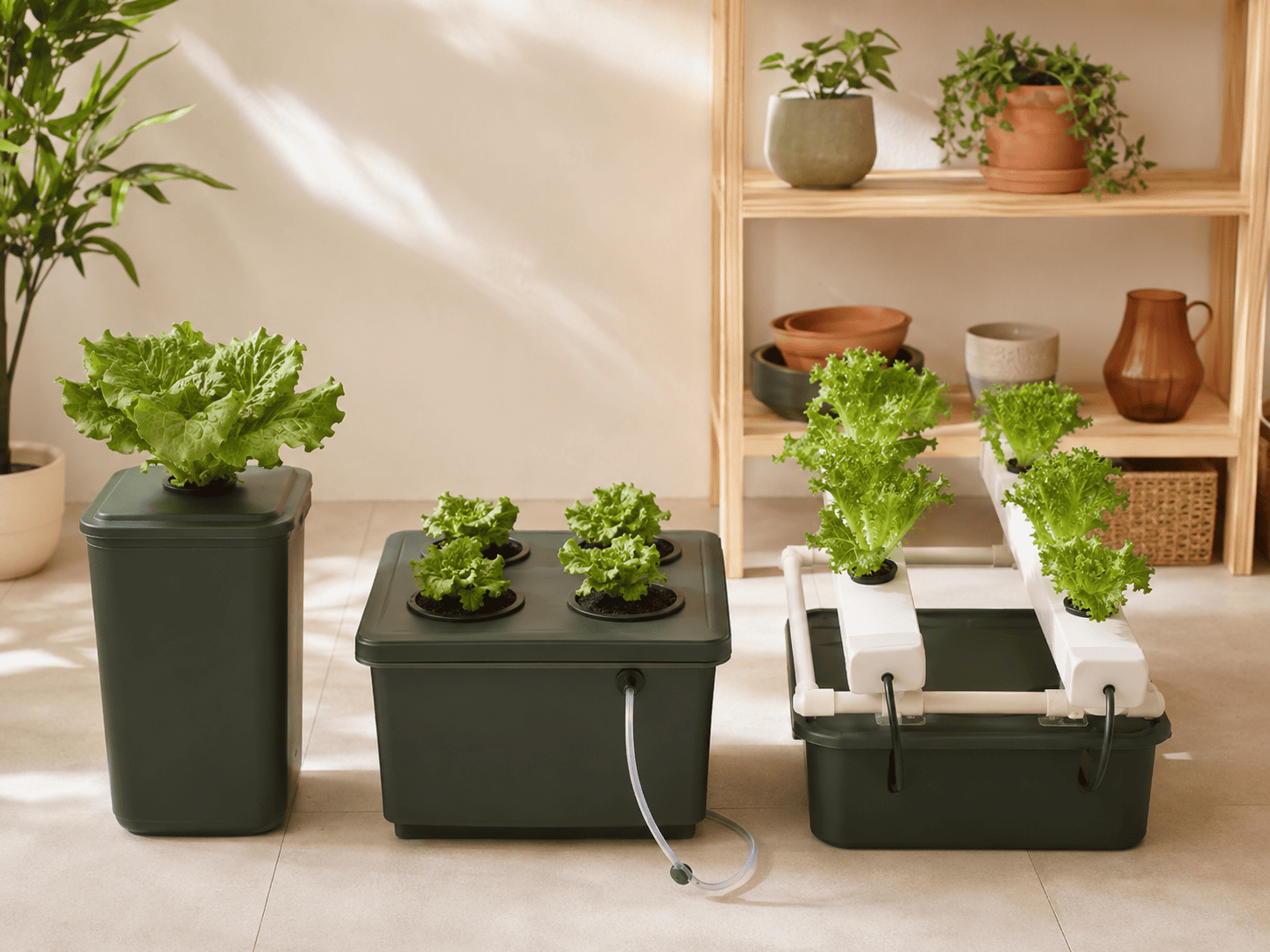 Sistemas hidropónicos domésticos Kratky, DWC y NFT con lechugas y aromáticas