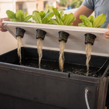 Persona levantando la tapa de un depósito DWC con raíces de lechuga visibles y termómetro de agua.