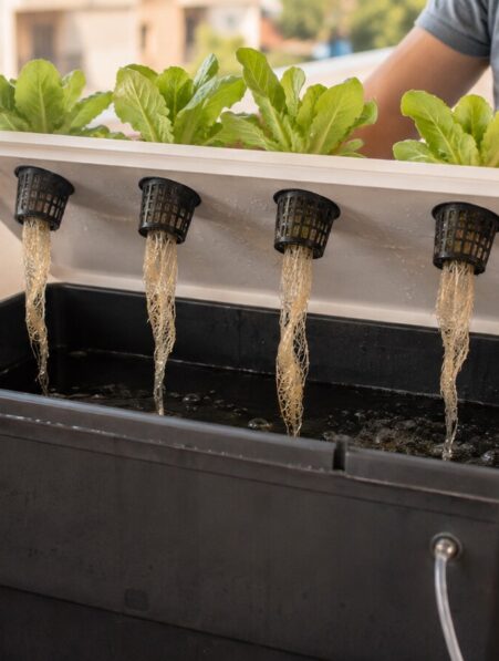 Persona levantando la tapa de un depósito DWC con raíces de lechuga visibles y termómetro de agua.