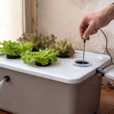 Termómetro con sonda midiendo la temperatura del agua de un depósito hidropónico doméstico.
