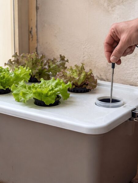 Termómetro con sonda midiendo la temperatura del agua de un depósito hidropónico doméstico.