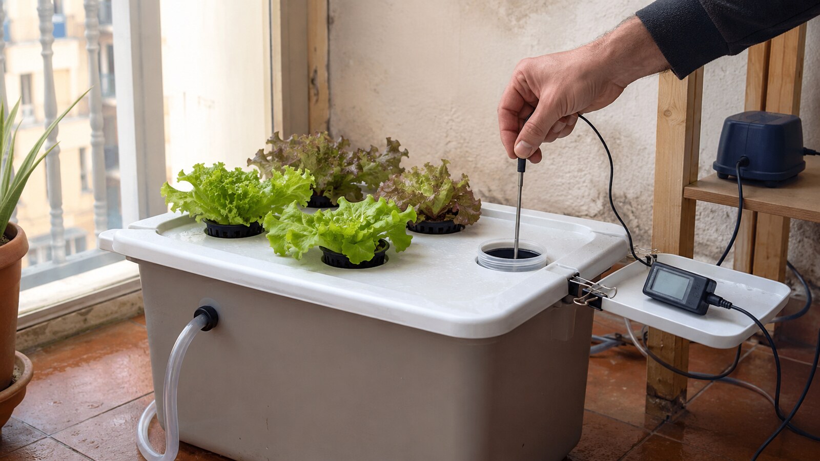 Termómetro con sonda midiendo la temperatura del agua de un depósito hidropónico doméstico