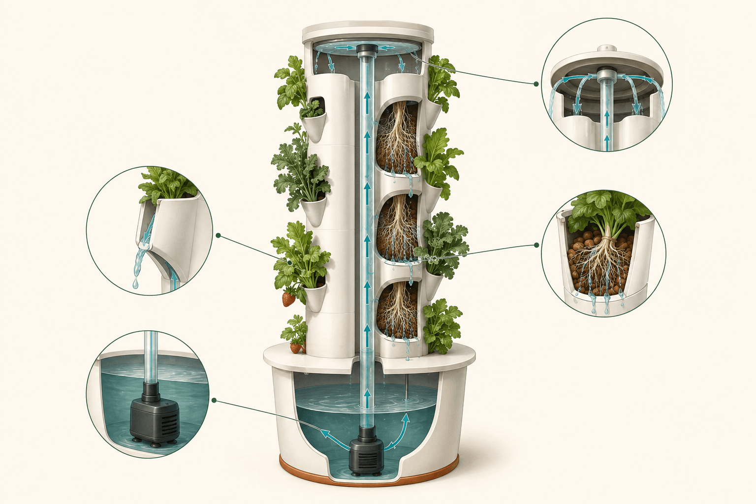 Esquema de una torre hidropónica con depósito, bomba, tubo de subida y retorno de la solución nutritiva