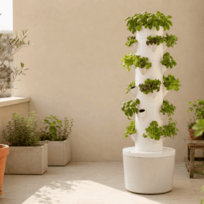Torre hidropónica doméstica con lechugas y hierbas cultivadas en distintos niveles
