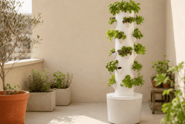 Torre hidropónica doméstica con lechugas y hierbas cultivadas en distintos niveles