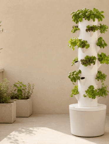 Torre hidropónica doméstica con lechugas y hierbas cultivadas en distintos niveles