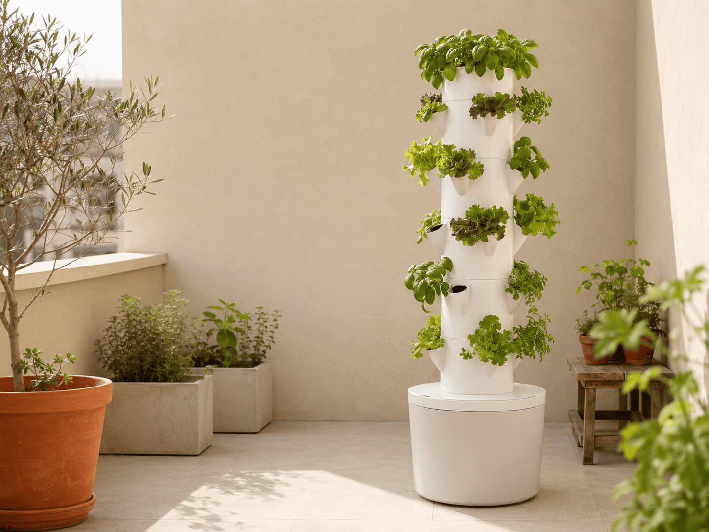 Torre hidropónica doméstica con lechugas y aromáticas en distintos niveles