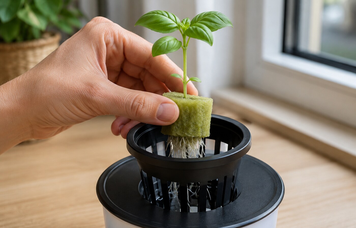 Plántula de albahaca con raíces blancas y sanas colocándose en una maceta de rejilla para hidroponía, con el plug intacto