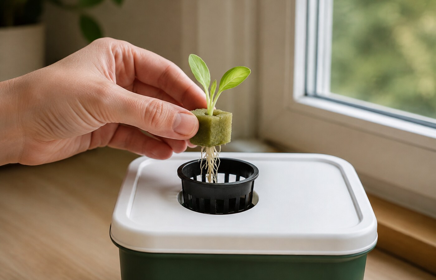 Plántula de lechuga con raíces blancas preparada para colocar en una maceta de rejilla de un sistema Kratky